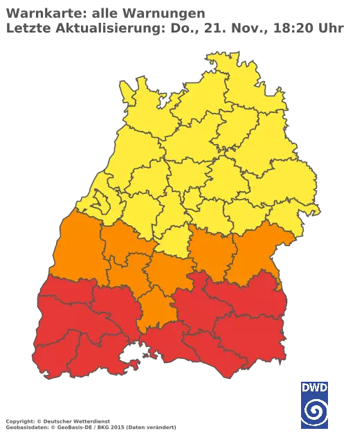 Aktuelle Wetterwarnungen für  Breisgau-Hochschwarzwald und Stadt Freiburg