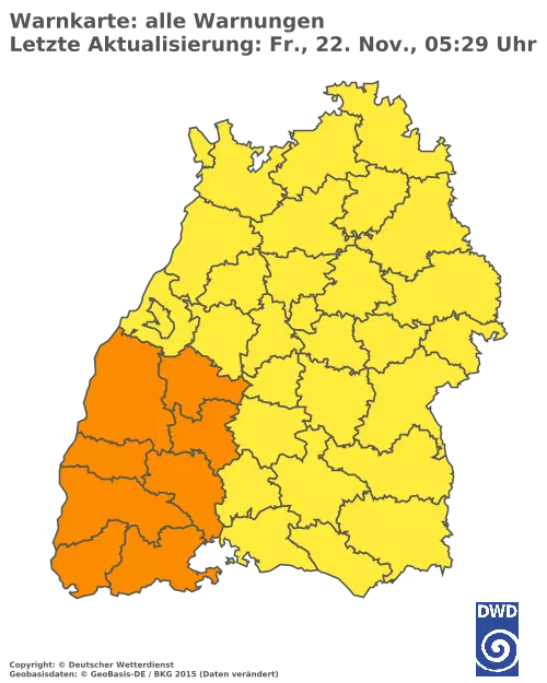 Aktuelle Wetterwarnungen für  Breisgau-Hochschwarzwald und Stadt Freiburg