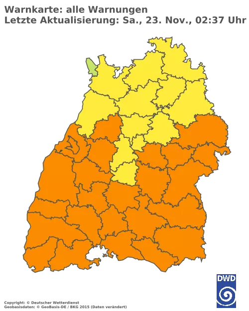 Aktuelle Wetterwarnungen für  Breisgau-Hochschwarzwald und Stadt Freiburg