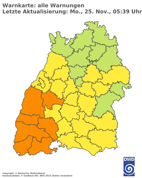 Aktuelle Wetterwarnungen für  Breisgau-Hochschwarzwald und Stadt Freiburg