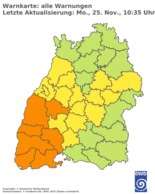 Aktuelle Wetterwarnungen für  Breisgau-Hochschwarzwald und Stadt Freiburg